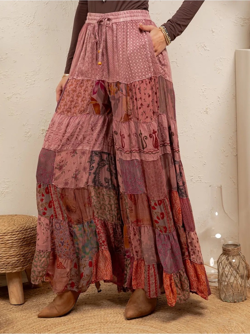 YOUNG THREADS NWT 3X Boho Artisan Tiered Patchwork Wide Leg Palazzo Pants Garnet